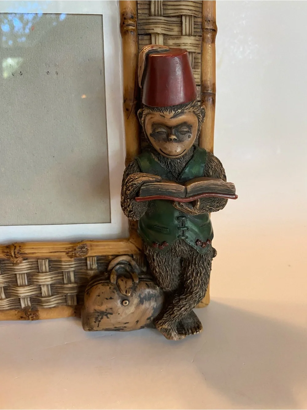 Hollywood Regency Building VTG Picture Frame Faux Bamboo Monkey Boho Tiki 3.5x5